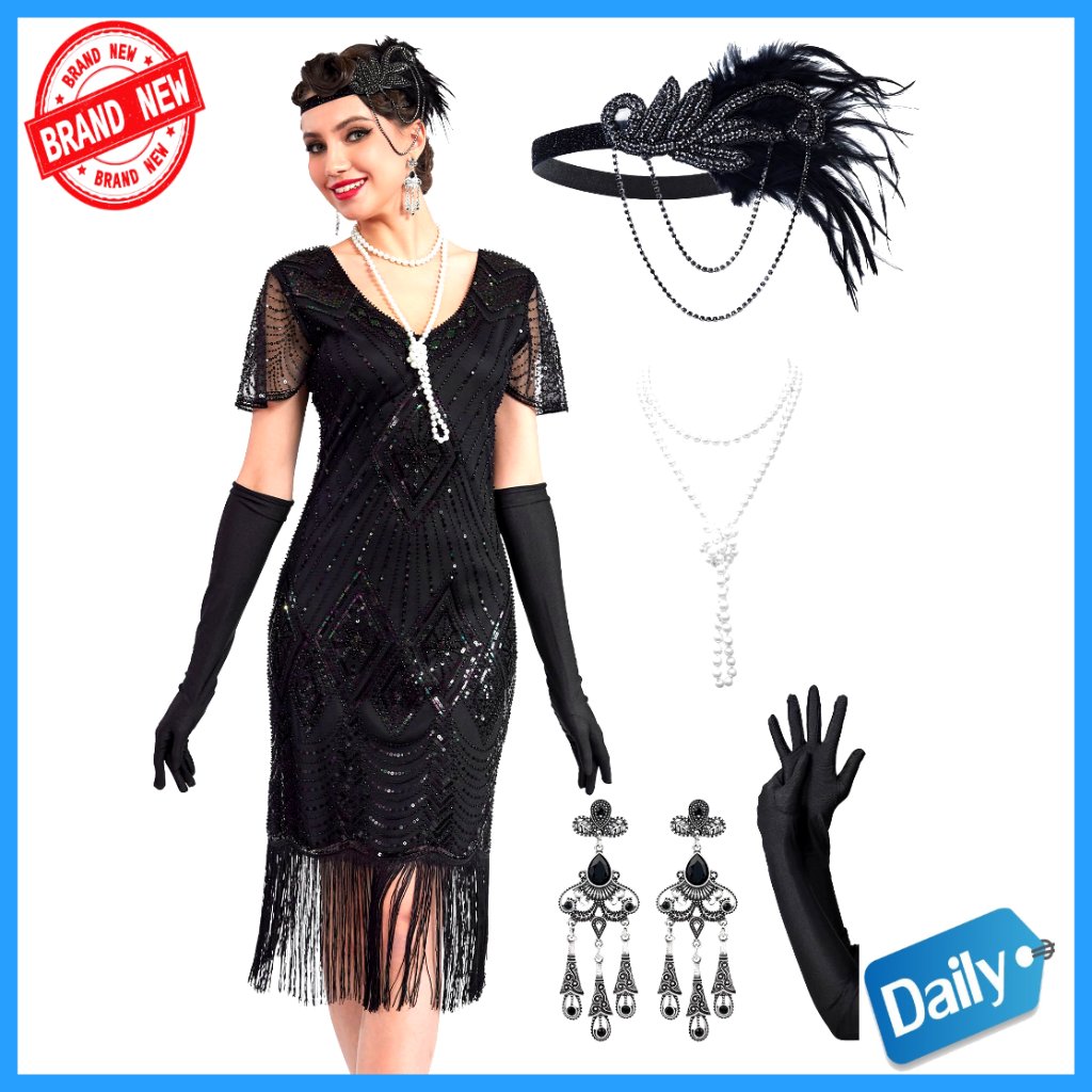 1920s Flapper Dress With Beaded Sleeves, Sequin Fringe, Accessories Included